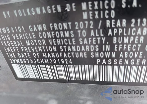 2017 Volkswagen Jetta 1.4T Se z USA, uszkodzony, nr VIN 3VWB67AJ5HM201924